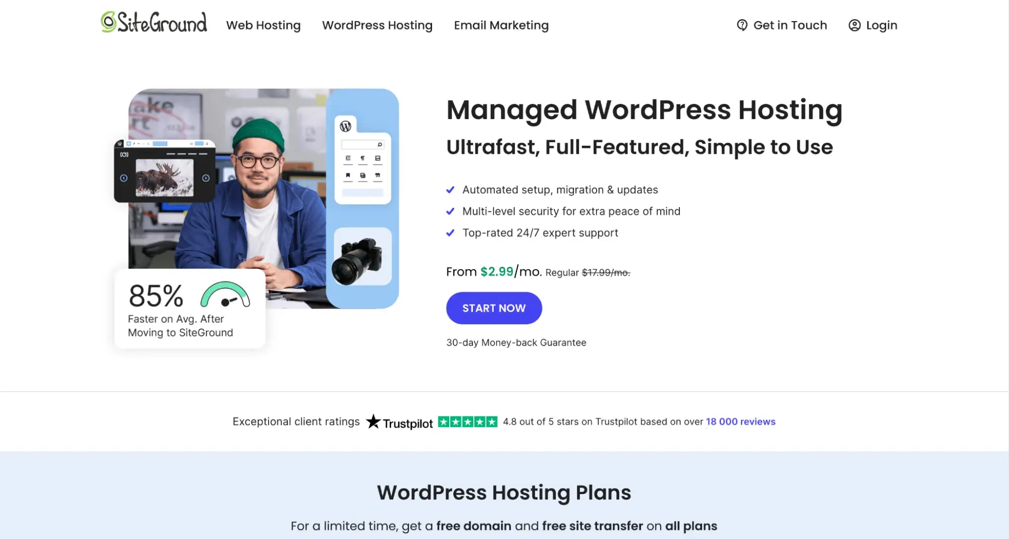 SiteGround’s landing page showing different WordPress hosting options