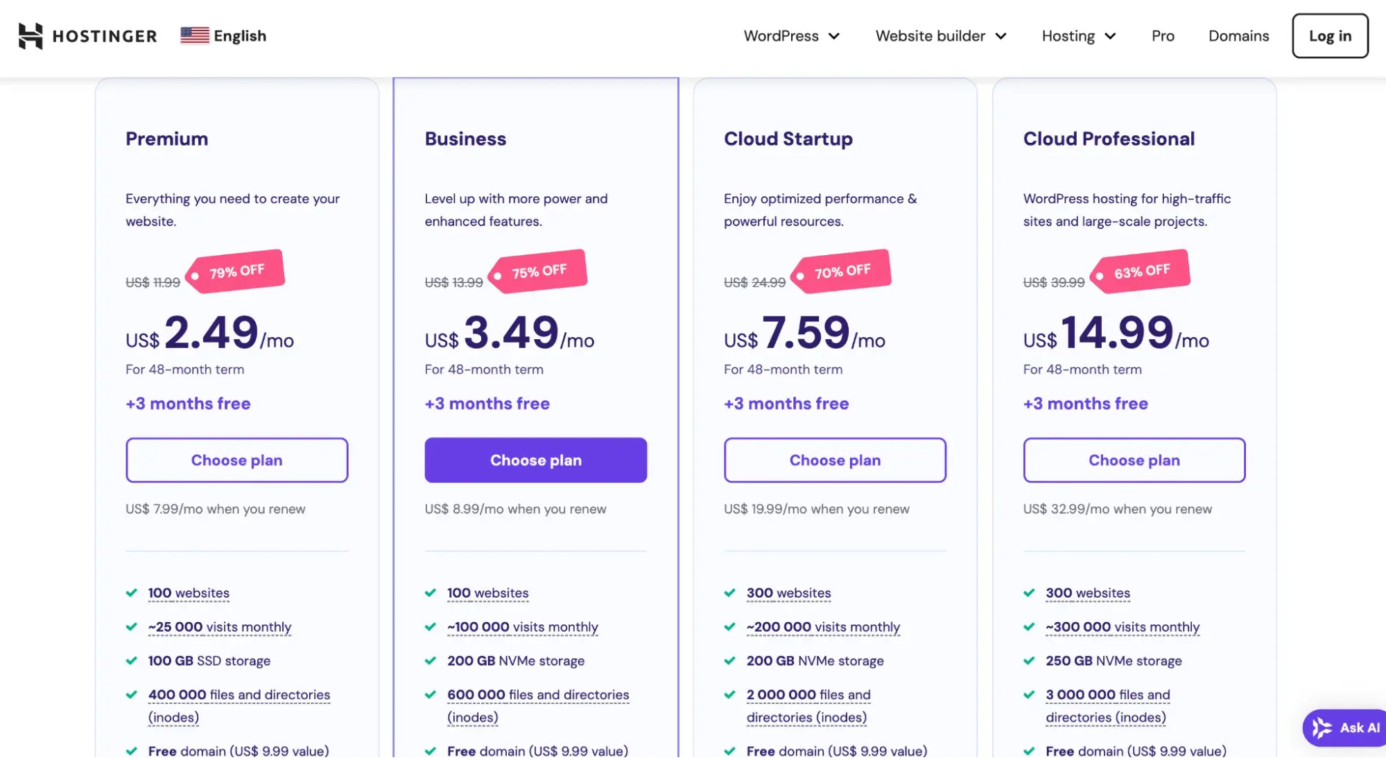 Hostinger’s WordPress hosting plans side-by-side