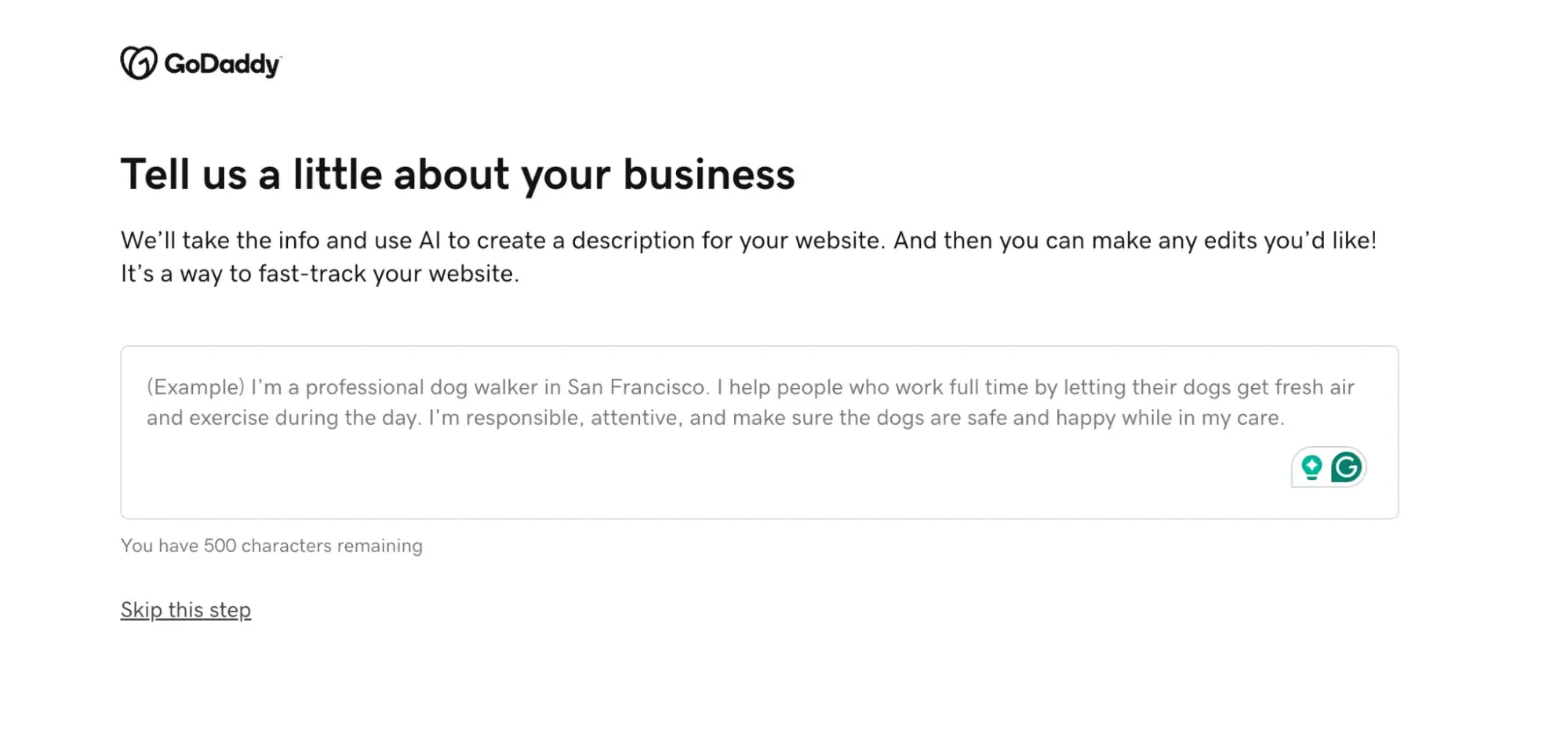 GoDaddy’s Website Builder prompting the user to “Tell us a little about your business” so it can use AI to create a website description