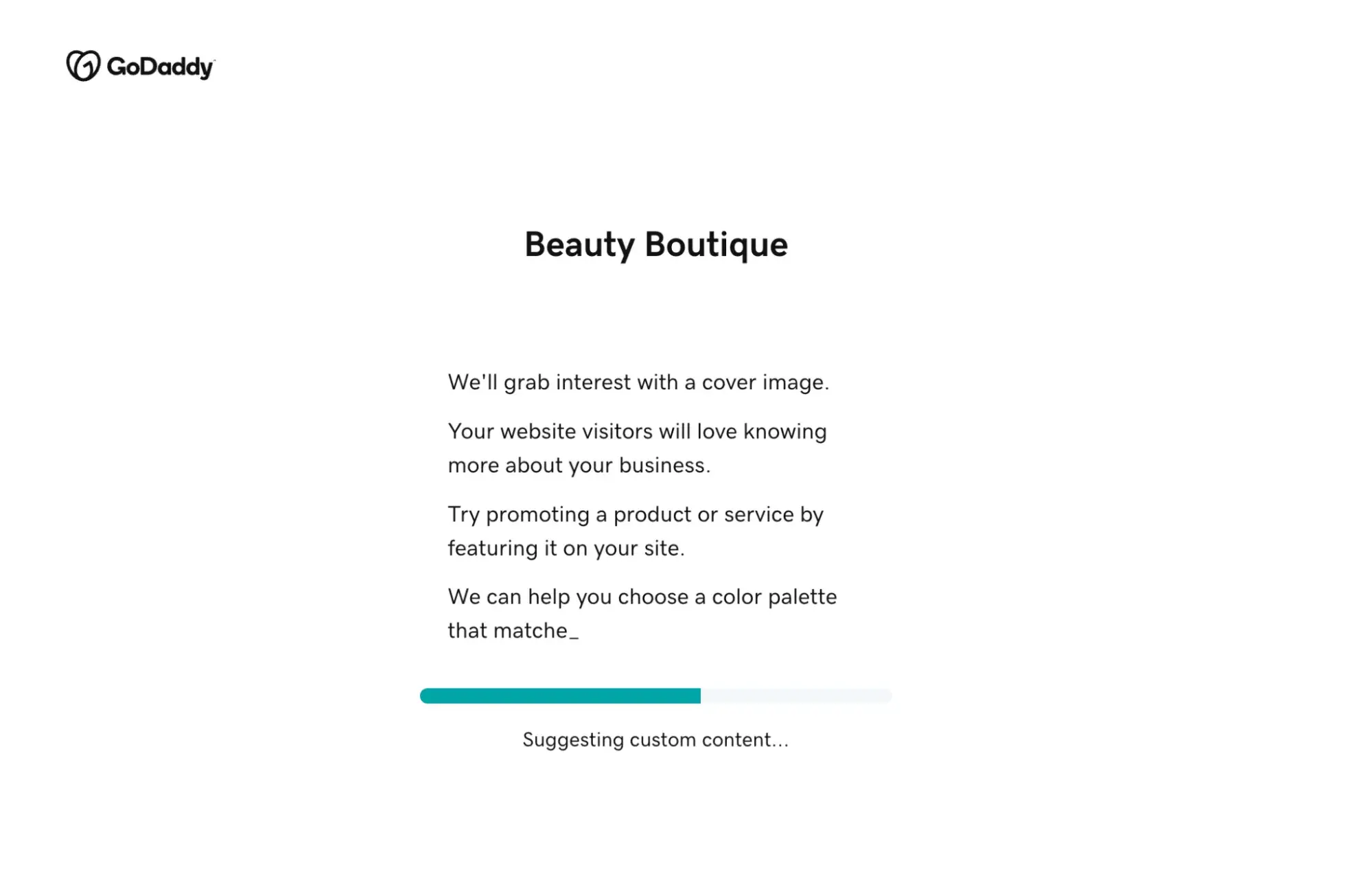 GoDaddy’s Website Builder loading page that shows while it’s generating a website design for the user