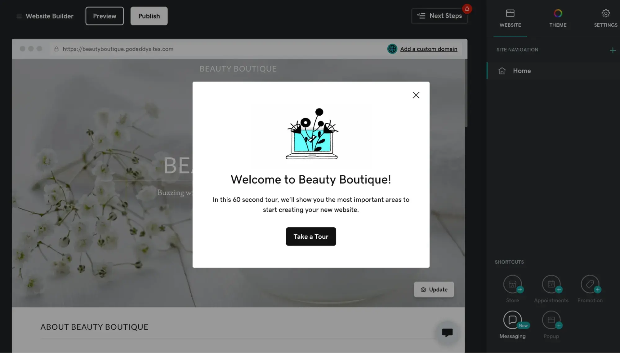 Dashboard of GoDaddy’s Website Builder that says “Welcome to Beauty Boutique”