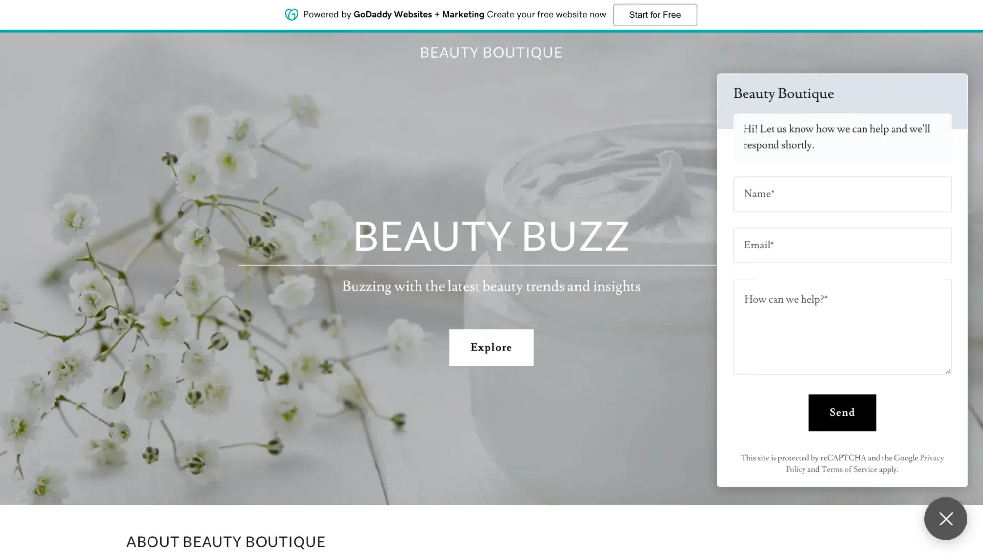 Homepage of the Beauty Boutique blog created by GoDaddy’s Website Builder with popup contact form in lower right corner