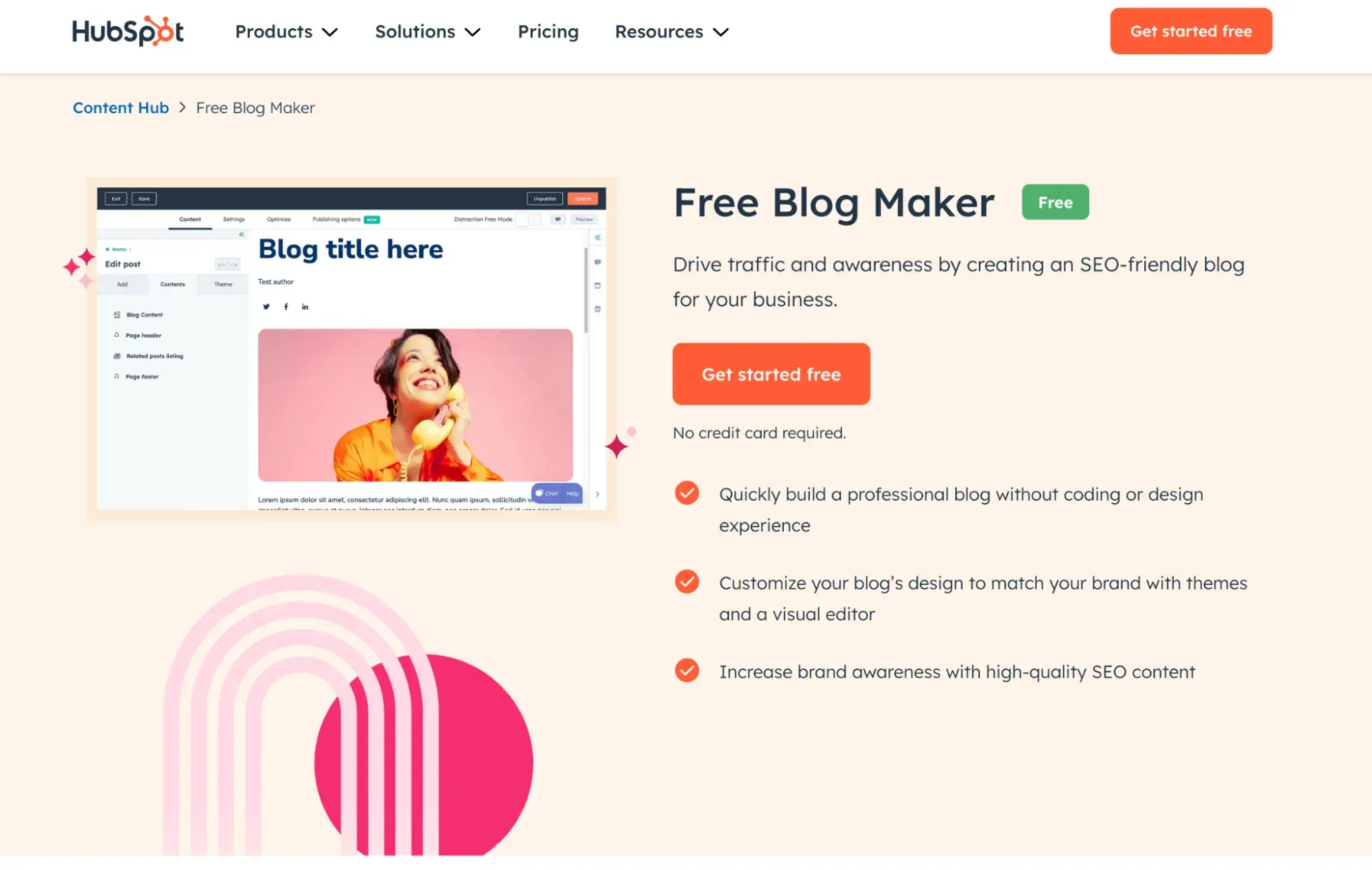 HubSpot’s Content Hub blog hosting site that reads “Free Blog Maker”