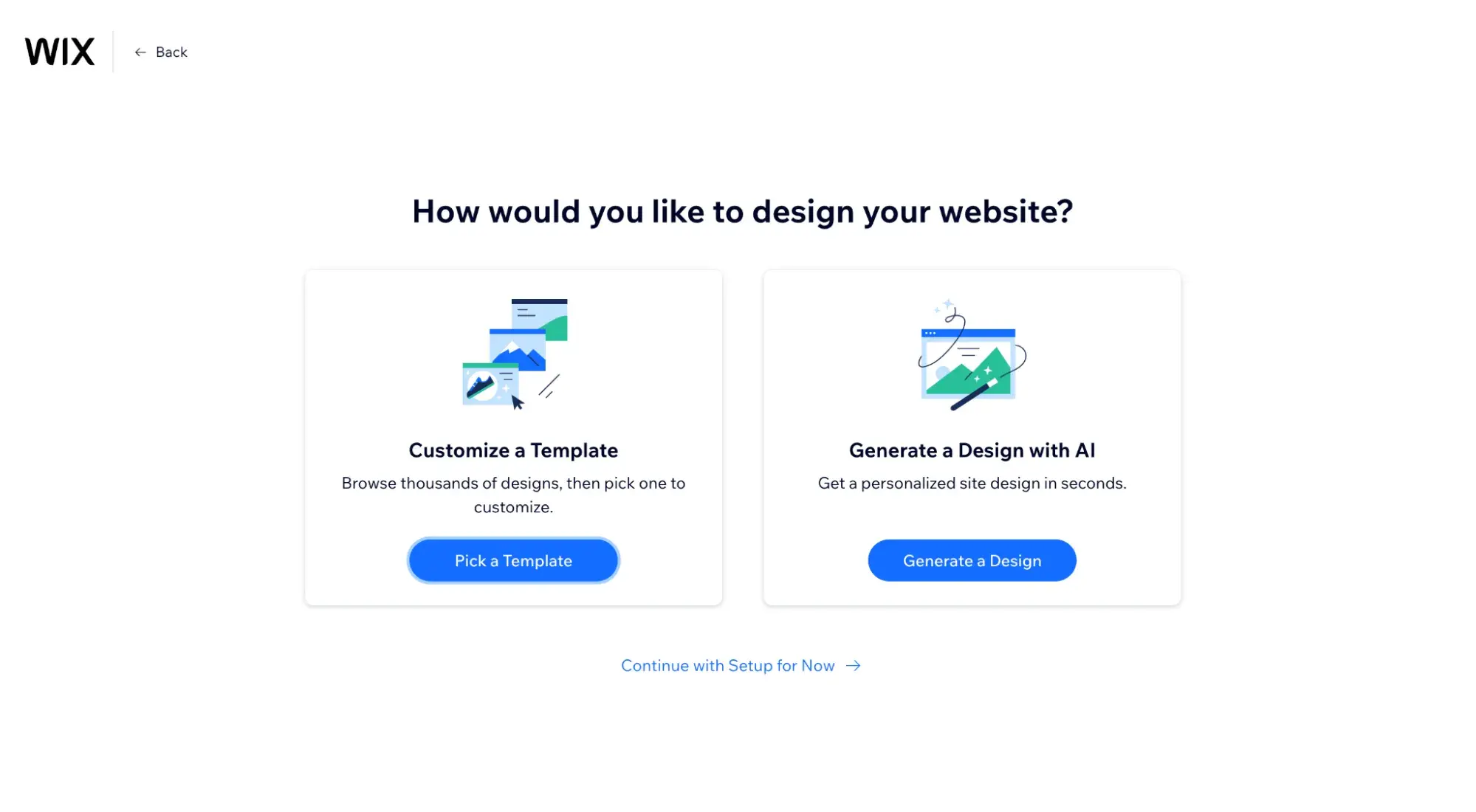 Wix’s signup process asks, “How would you like to design your website?” and has two options: customize a template or generate a design with AI