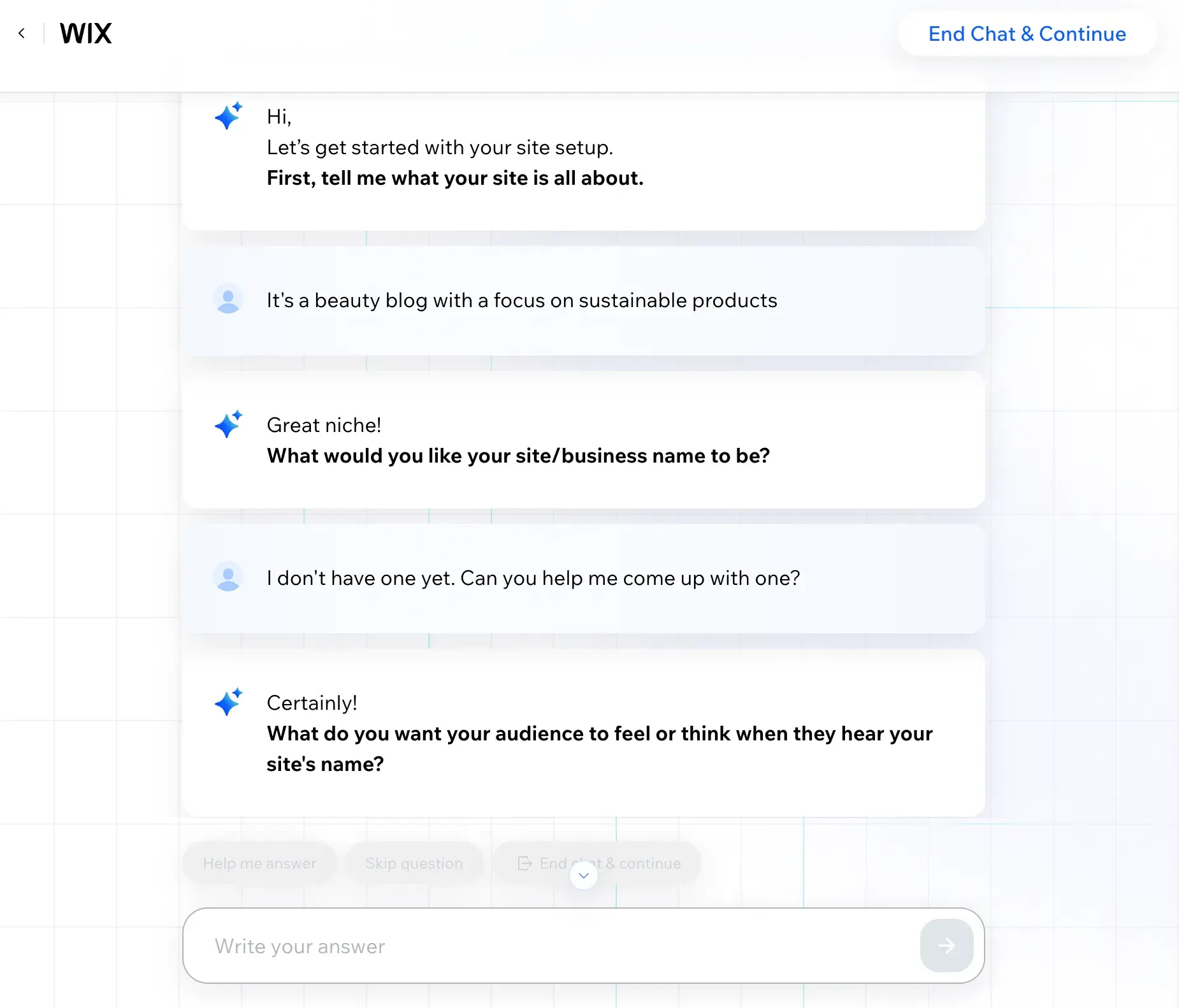 Wix’s AI chatbot asks questions, including, “Tell me what your site is all about.”