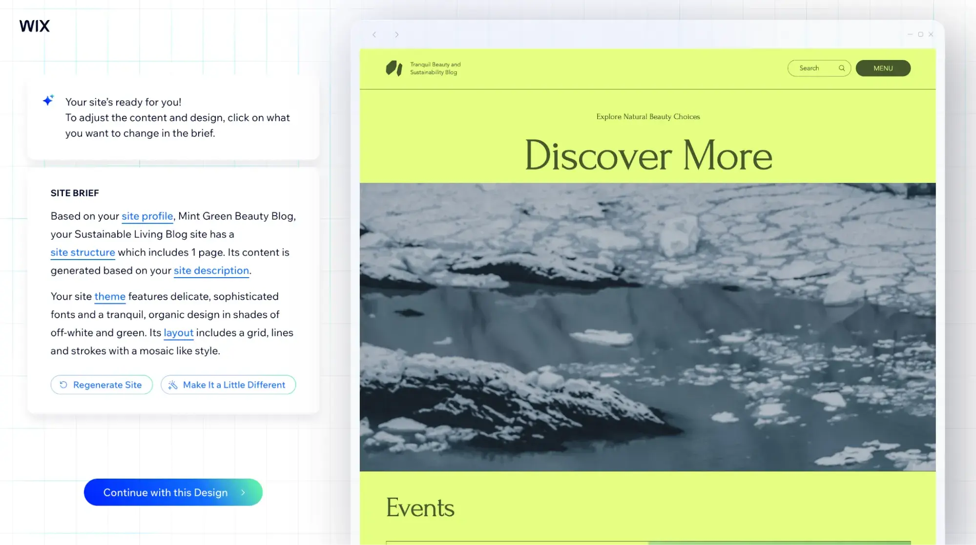 Wix’s AI-built beauty blog. It says “Discover More” and features a large image of melting ice outdoors