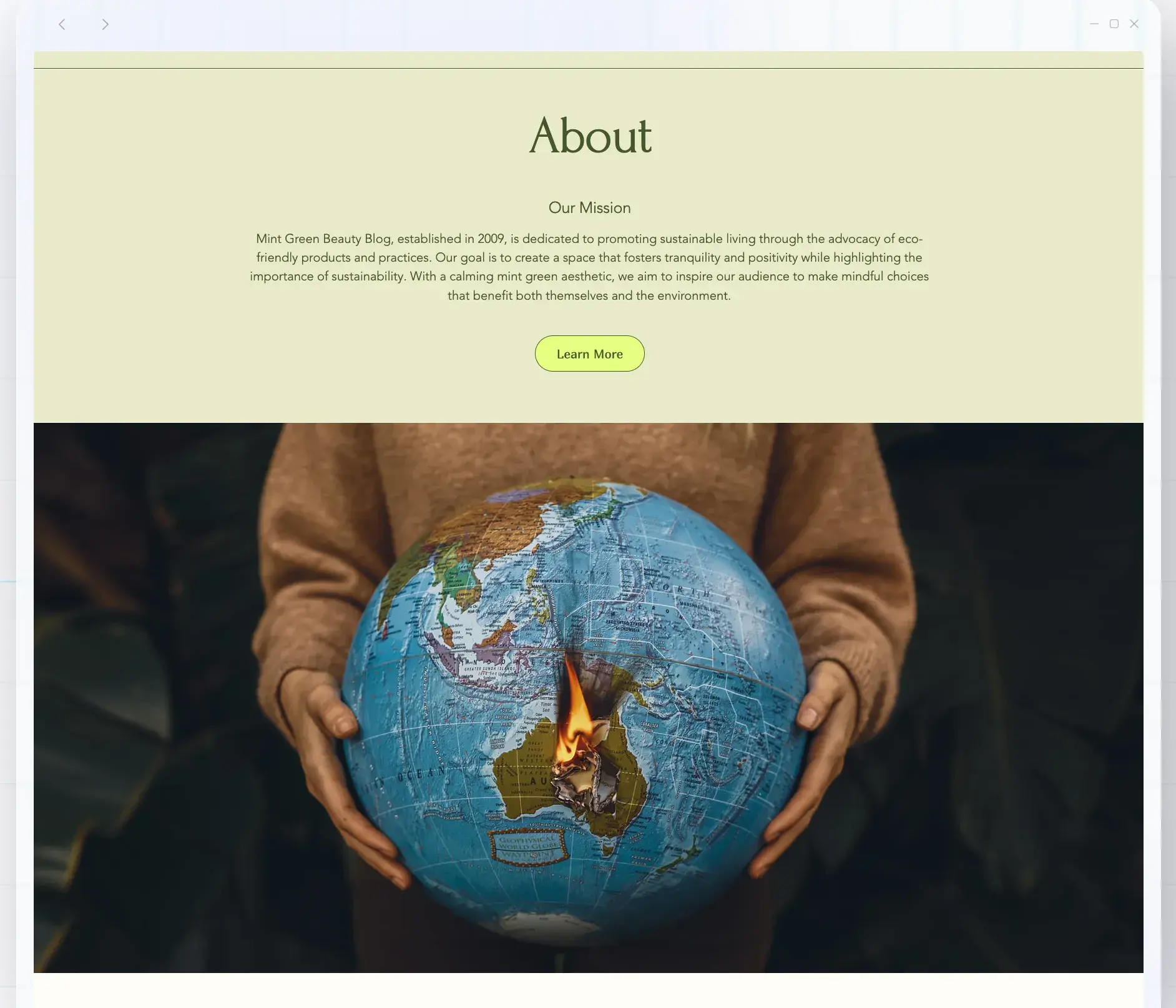 More of Wix’s AI-built beauty blog. It says “About” and features a large image of a person holding a burning globe