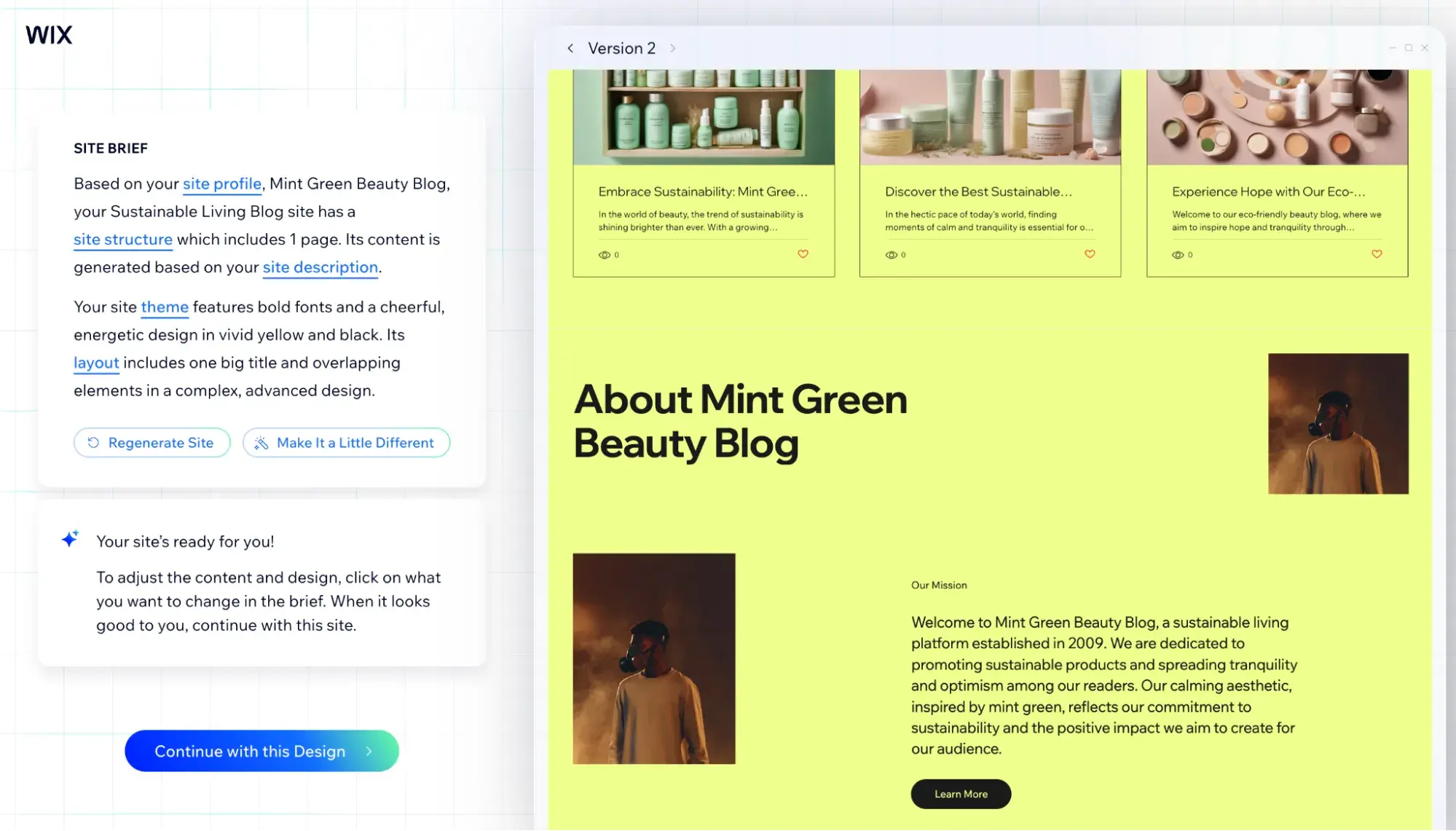 Another version of Wix’s AI-generated beauty blog. It features a neon green background with images of a person wearing a gas mask