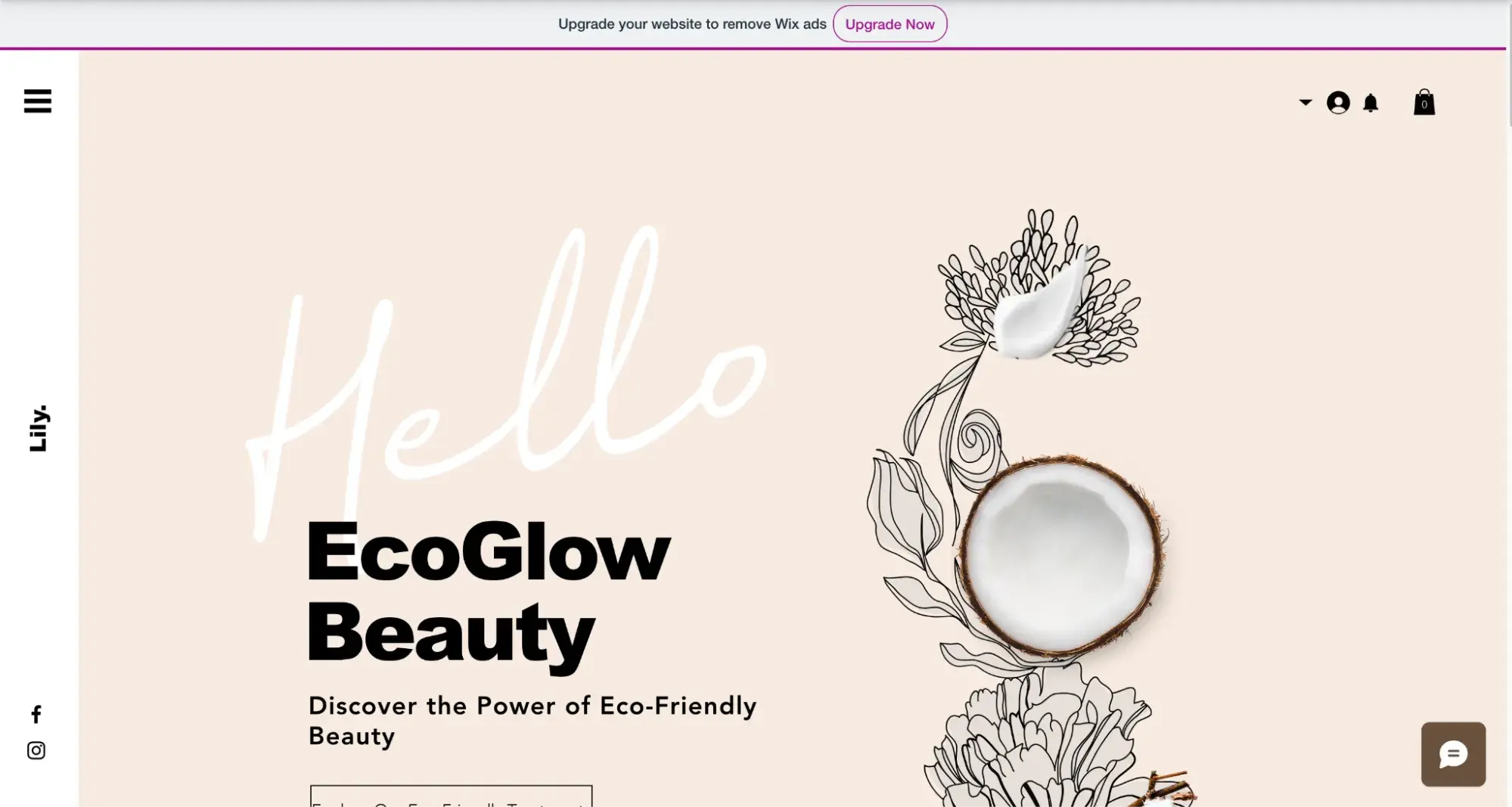 Wix’s customizable template that says “Hello EcoGlow Beauty” on a neutral background with a coconut and plant graphics