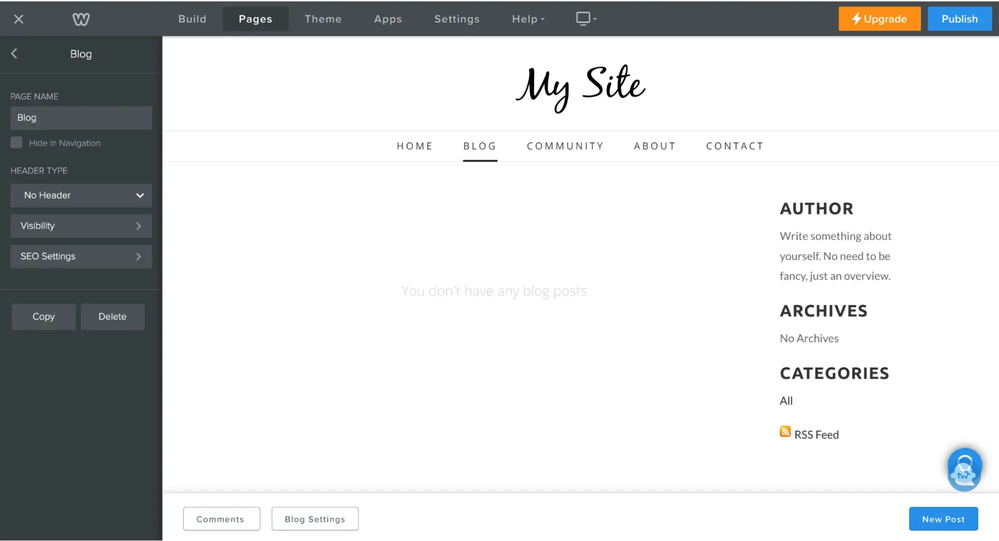 Screenshot of Weebly’s blog editor with the “new post” button