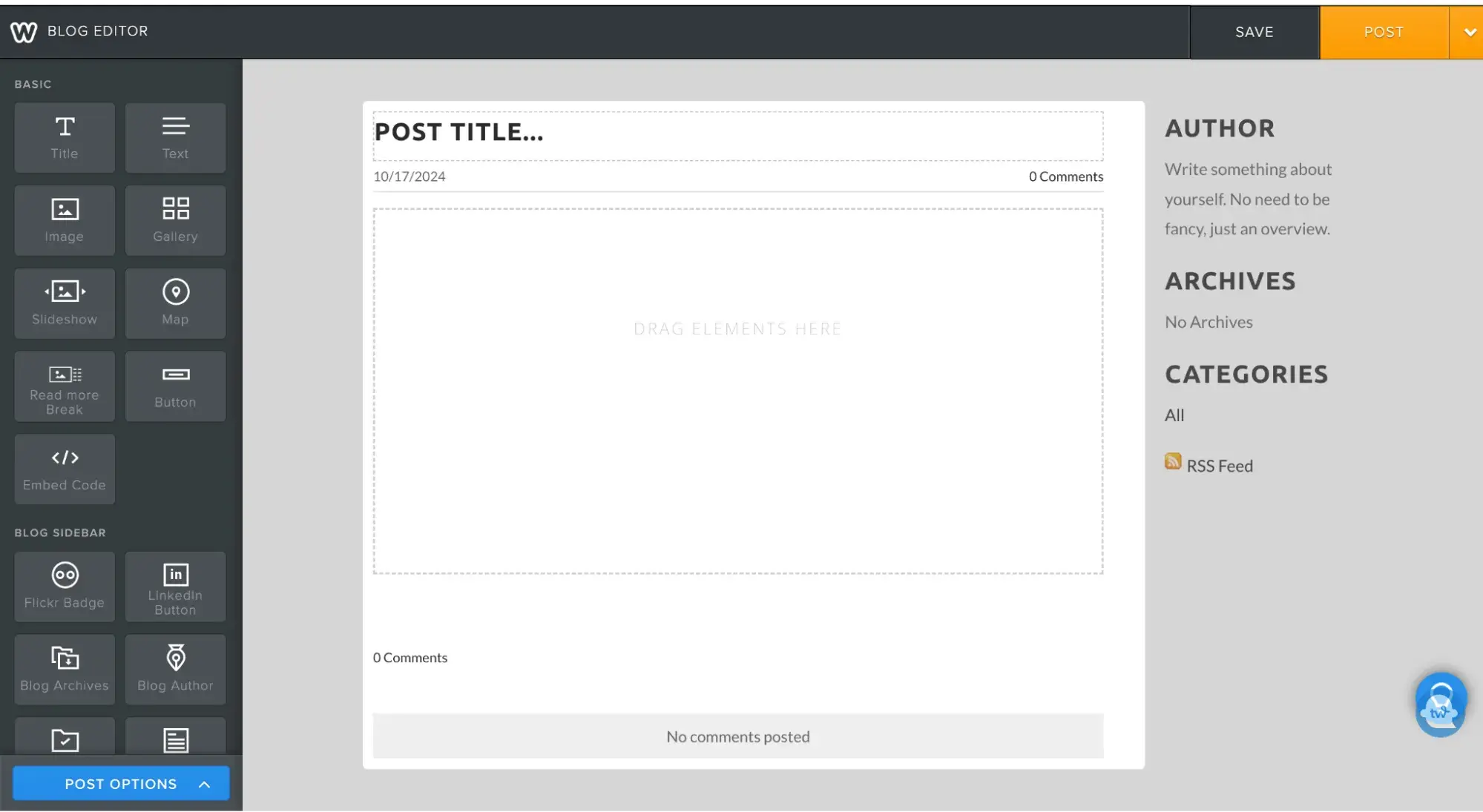 Weebly’s blog editor showing a new post