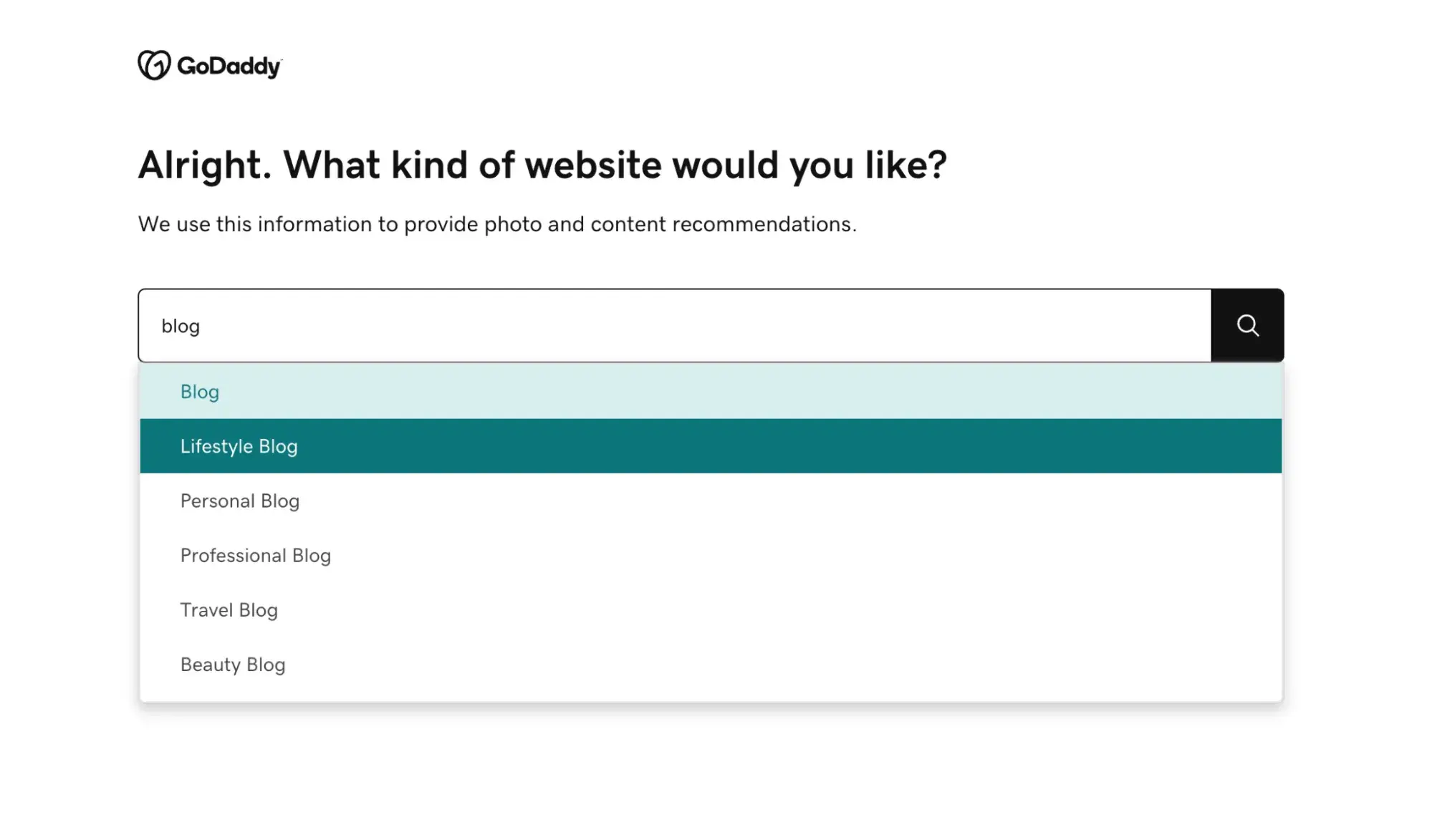 GoDaddy Website Builder signup process asking, “What kind of website would you like?” with a dropdown menu of blog type options