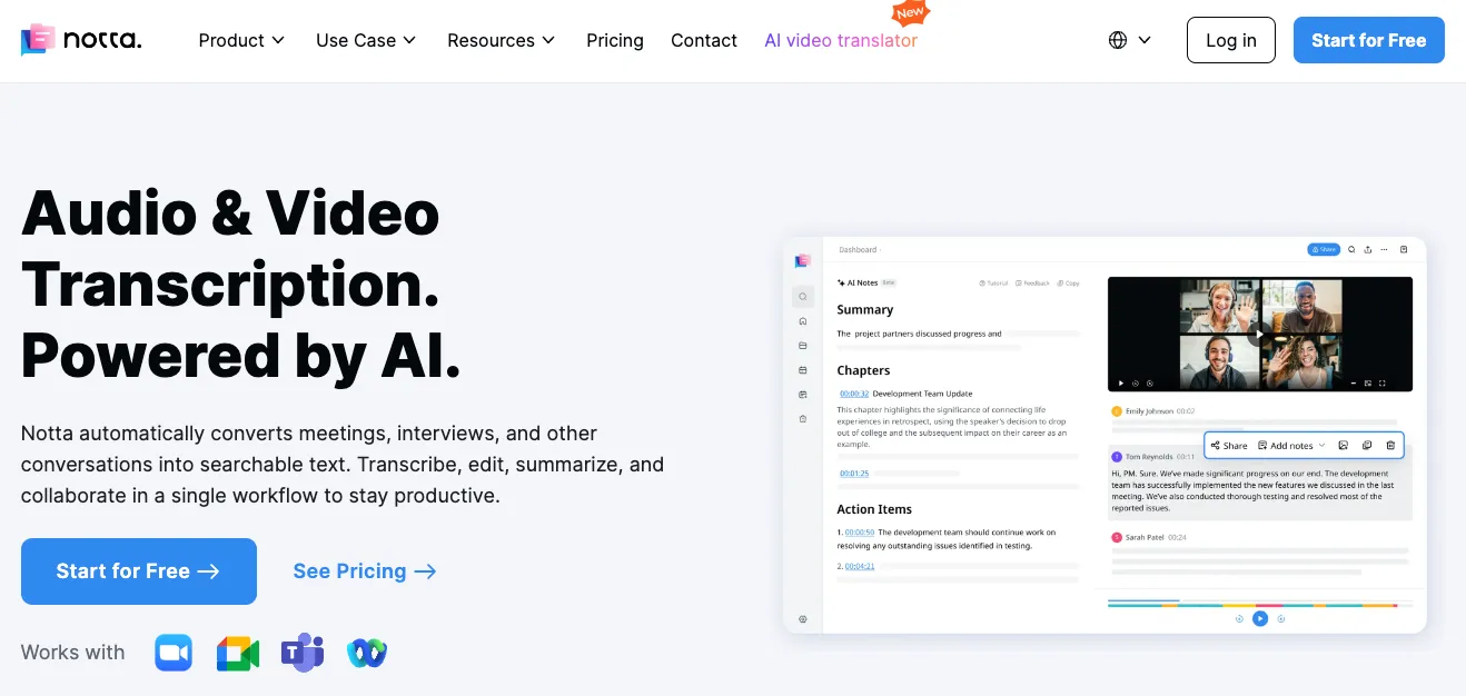 Screenshot of Notta AI transcription website