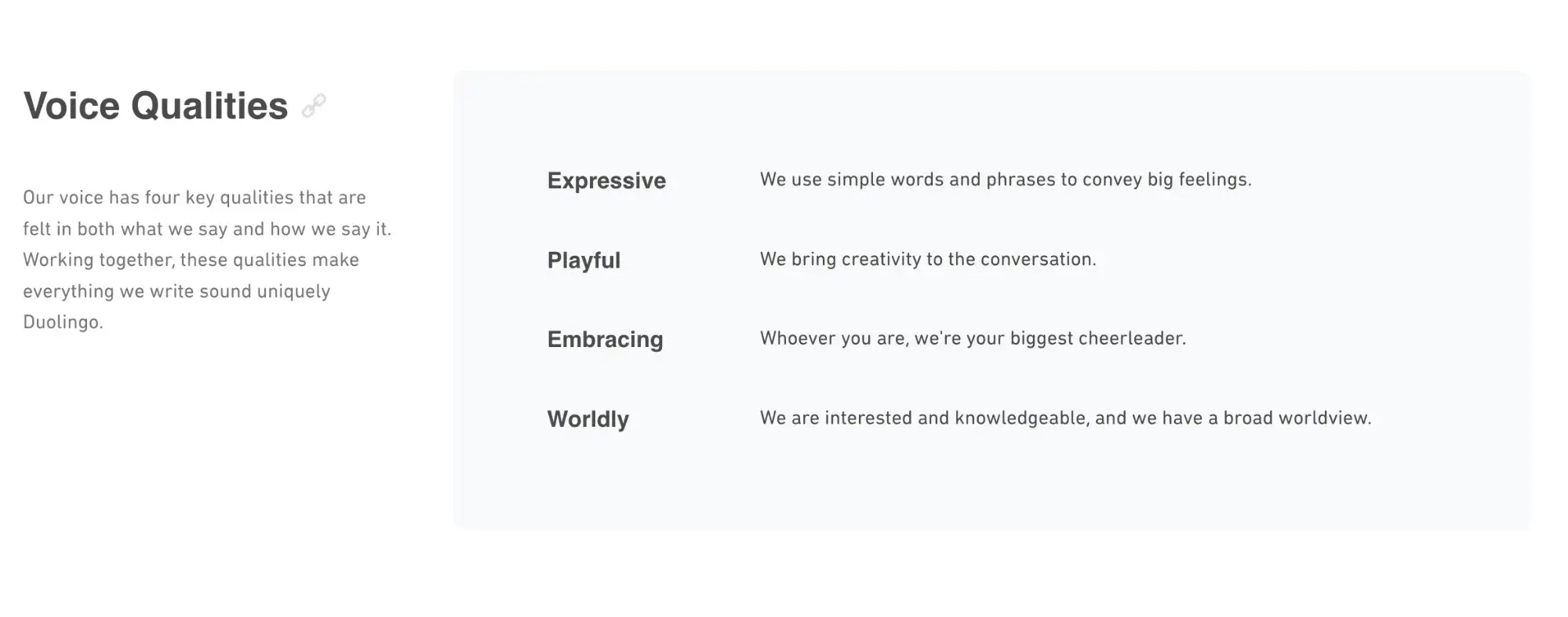 Screencap of Duolingo’s voice qualities: Expressive, playful, embracing, and worldly.