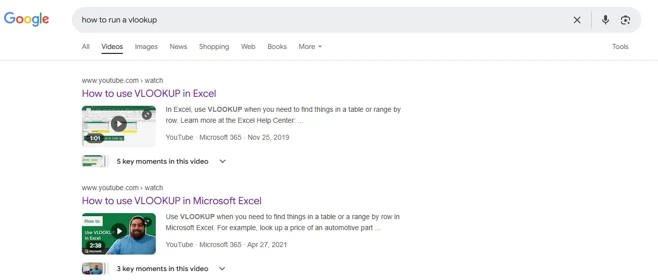 screenshot of google search for “how to run a vlookup” and top two results