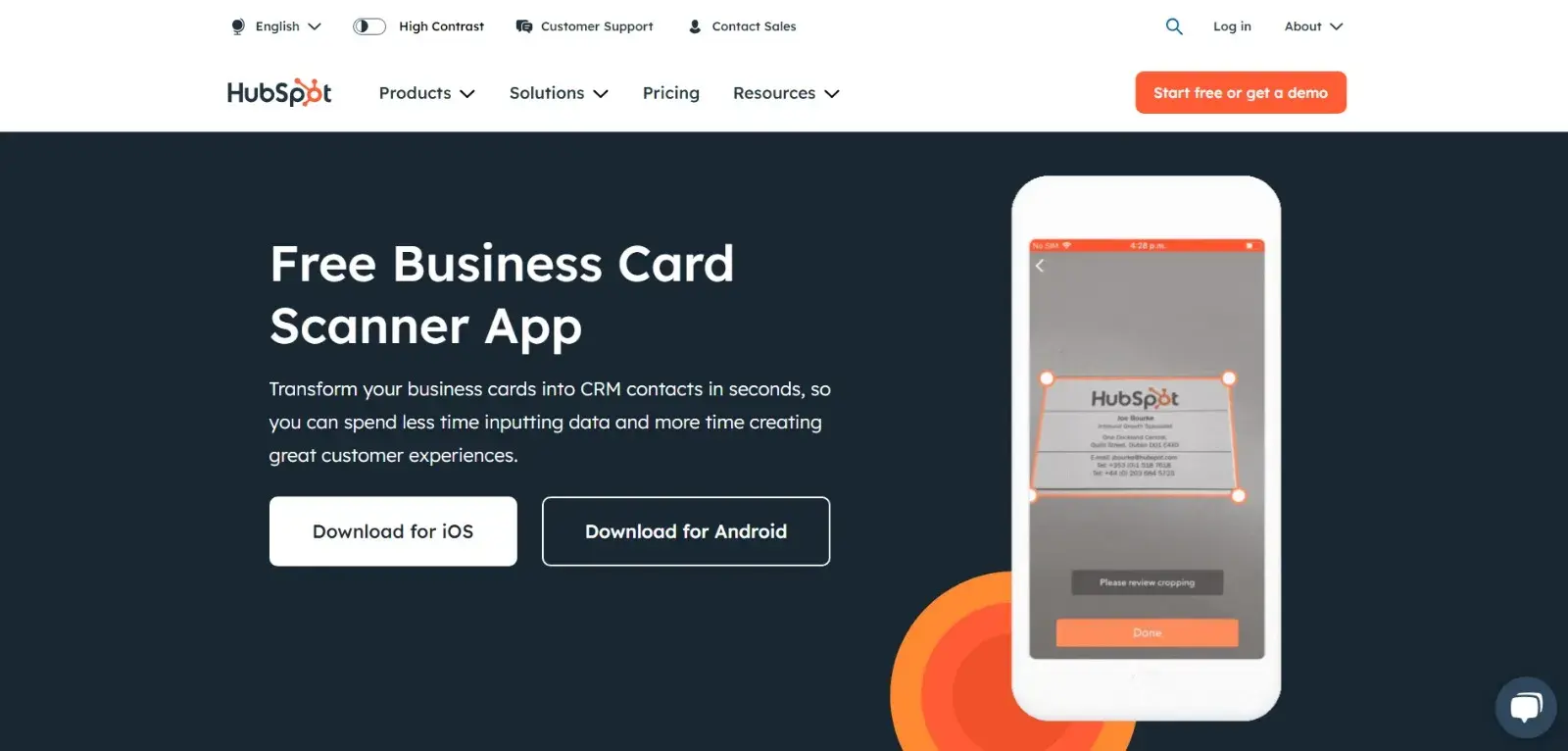 HubSpot Card Scanner homepage