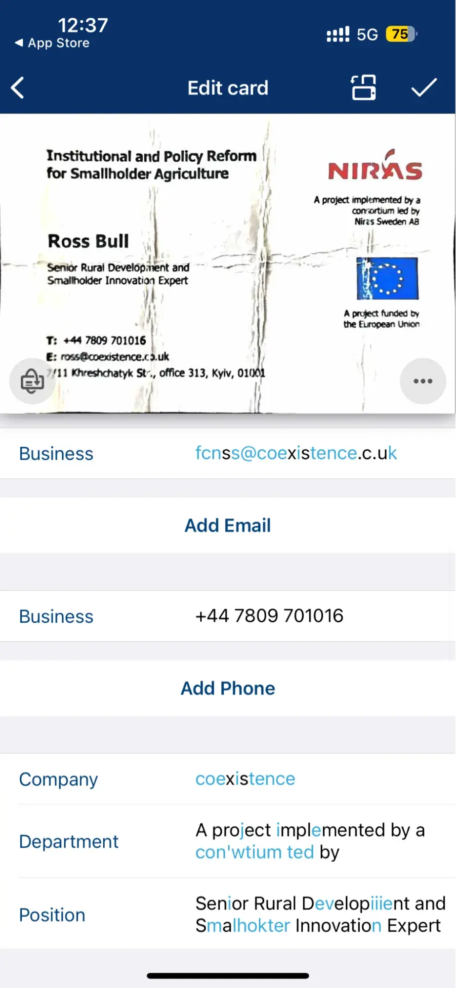 Details from business card imported in ABBYY scanner