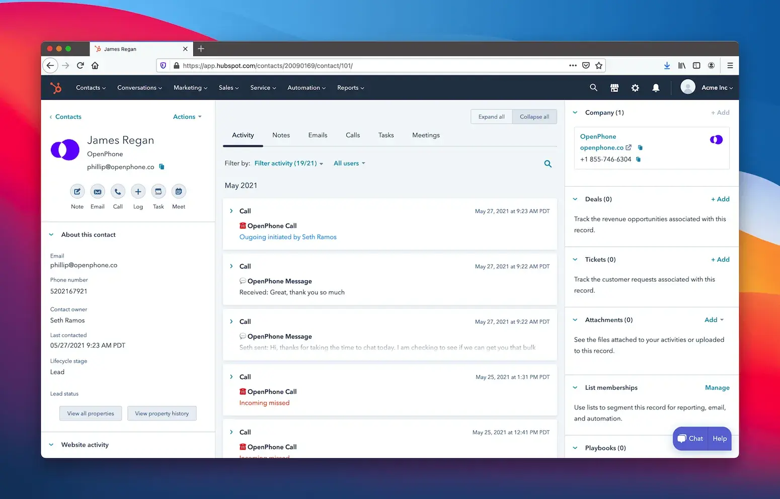 Screenshot of OpenPhone activities in HubSpot contact view.