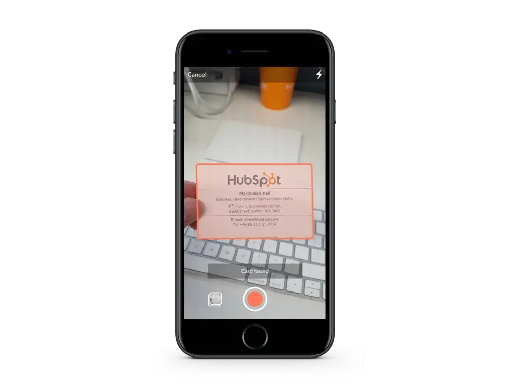 Scanning a business card with the HubSpot app