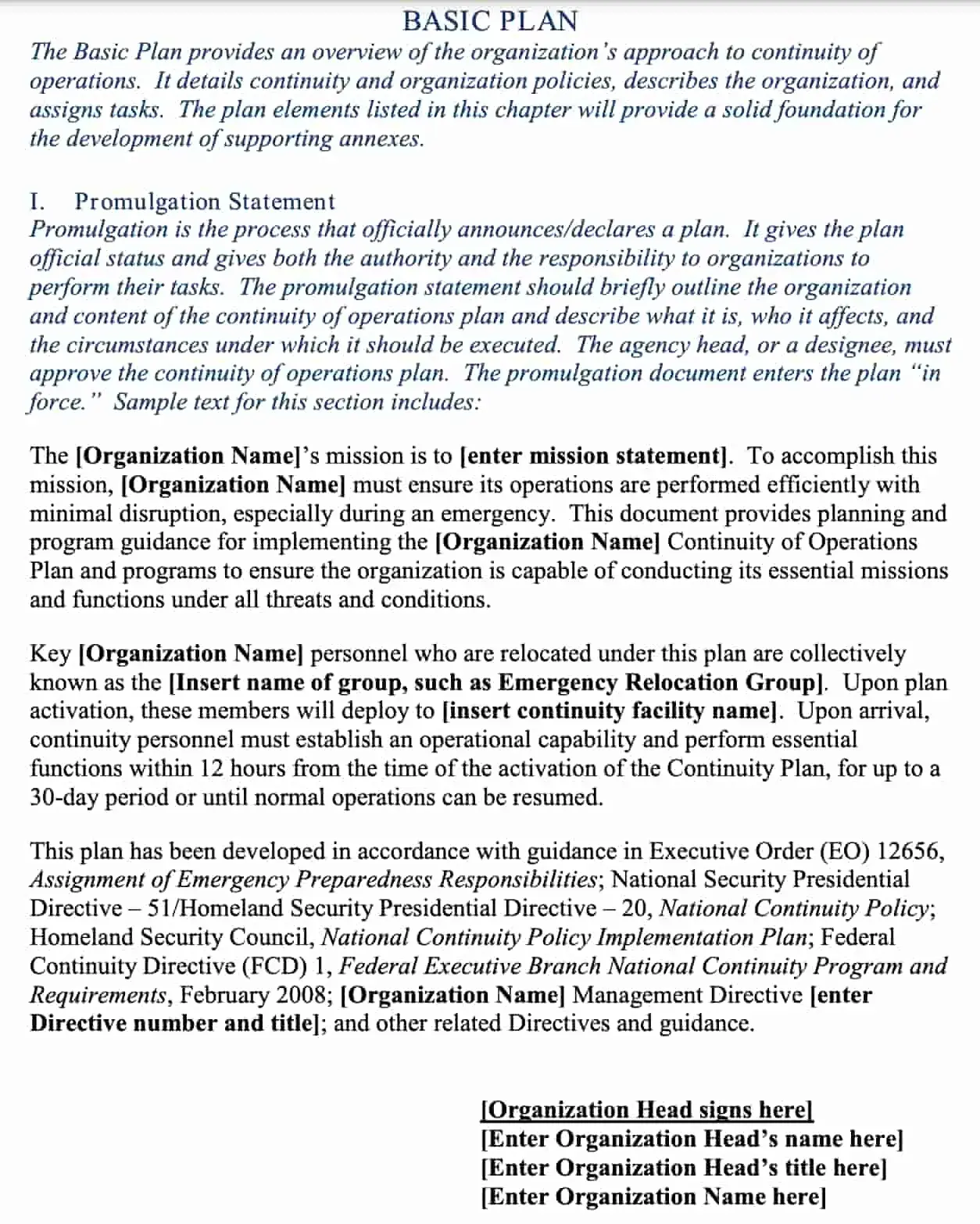 business continuity plan example - operational 