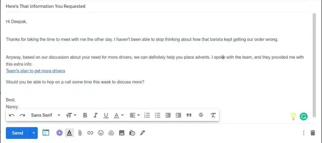 screenshot of a follow-up meeting business email template using gmail