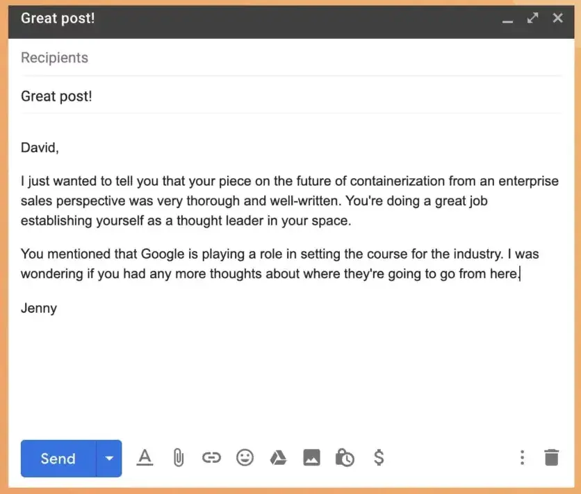 screenshot of an example prospecting business email template using gmail