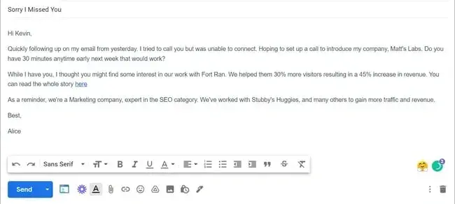 screenshot of a follow-up meeting business email template using gmail