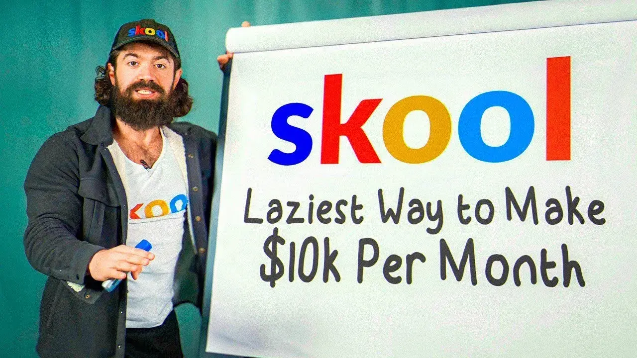 image of alex hormozi next to a huge sign that says ‘skool’ then ‘laziest way to make 10k per month’ underneath it