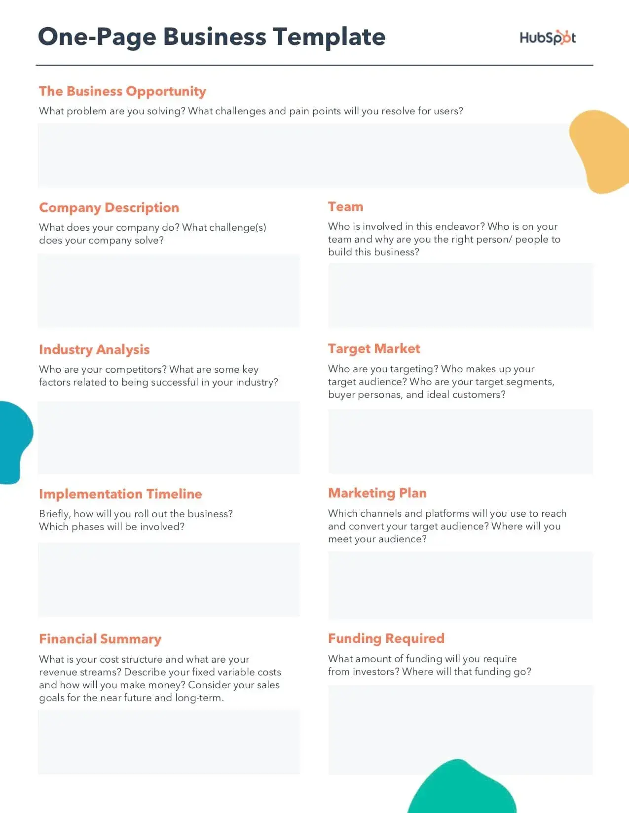 how to create a business plan template: template from hubspot