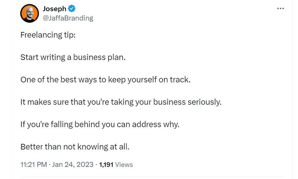 JaffaBranding’s post on X about why a business plan is important for freelancers