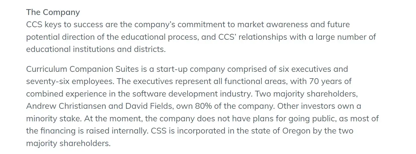 Business plan layout: Company overview example