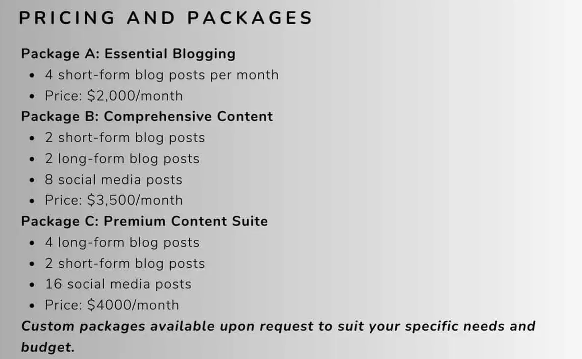 pricing and packages section of a business proposal, business proposal template