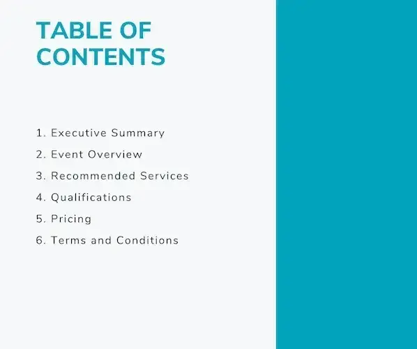 table of contents in a business proposal, business proposal template