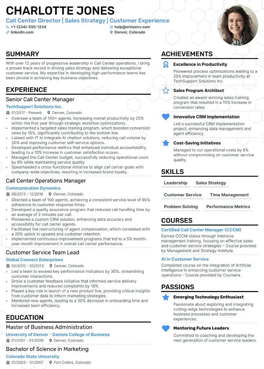 call center resume example and template