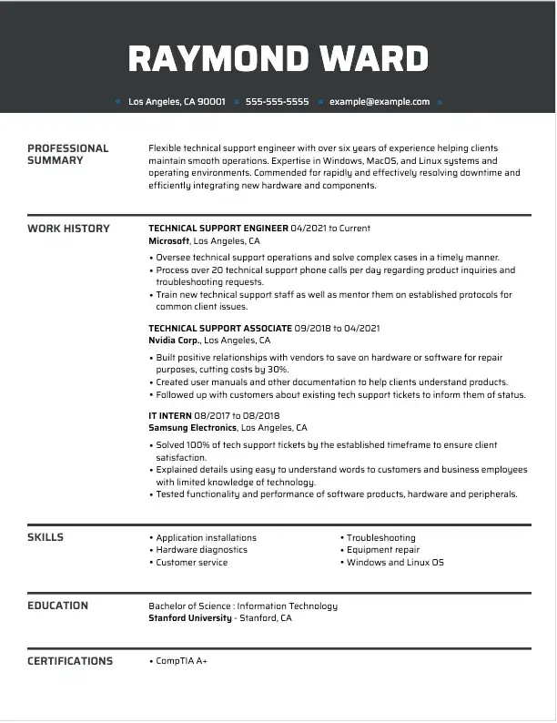 Example of a call center resume focusing on a tech support specialty.