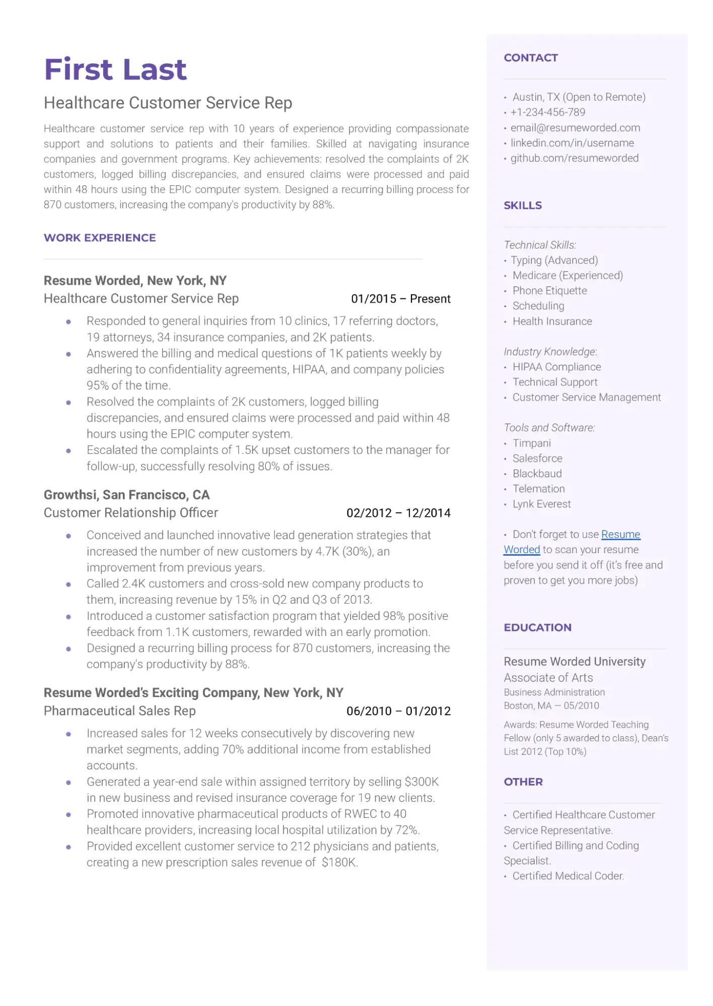 This shows an example of a call center resume for candidates pursuing a call center position within the healthcare industry.