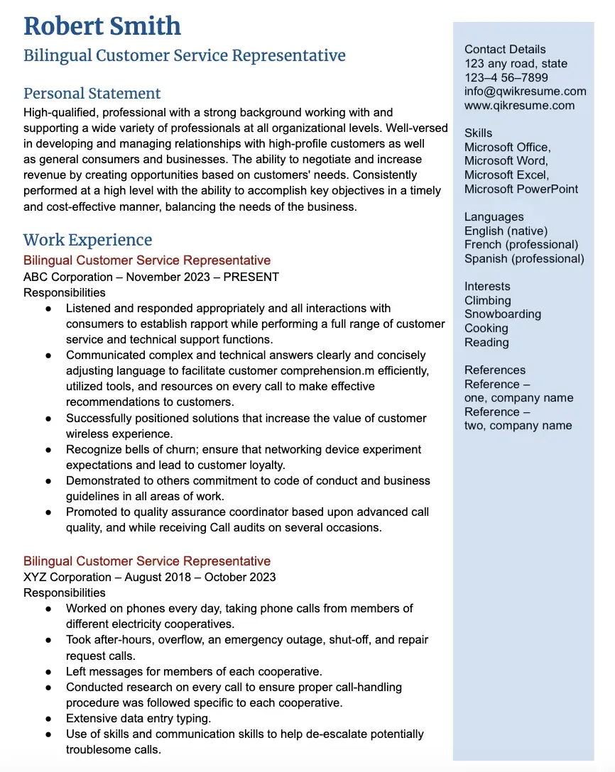 call center resume example