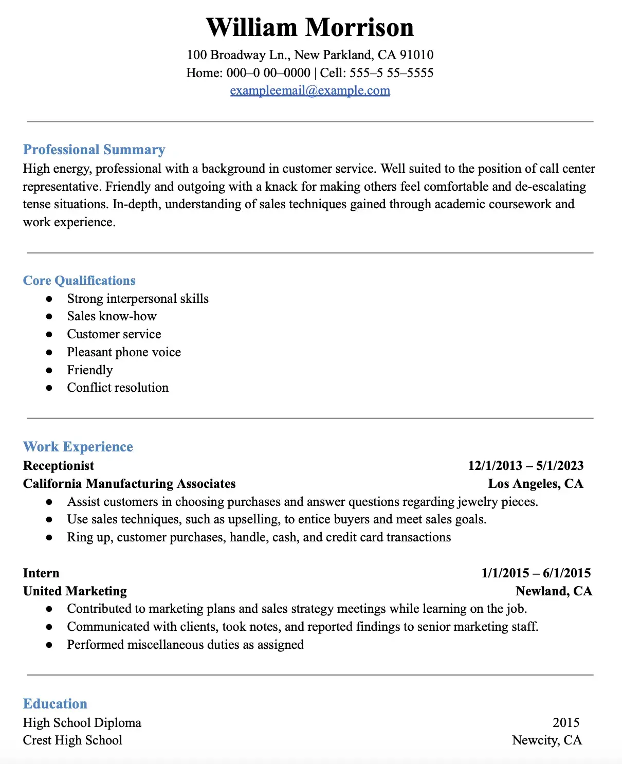 call center resume example and template