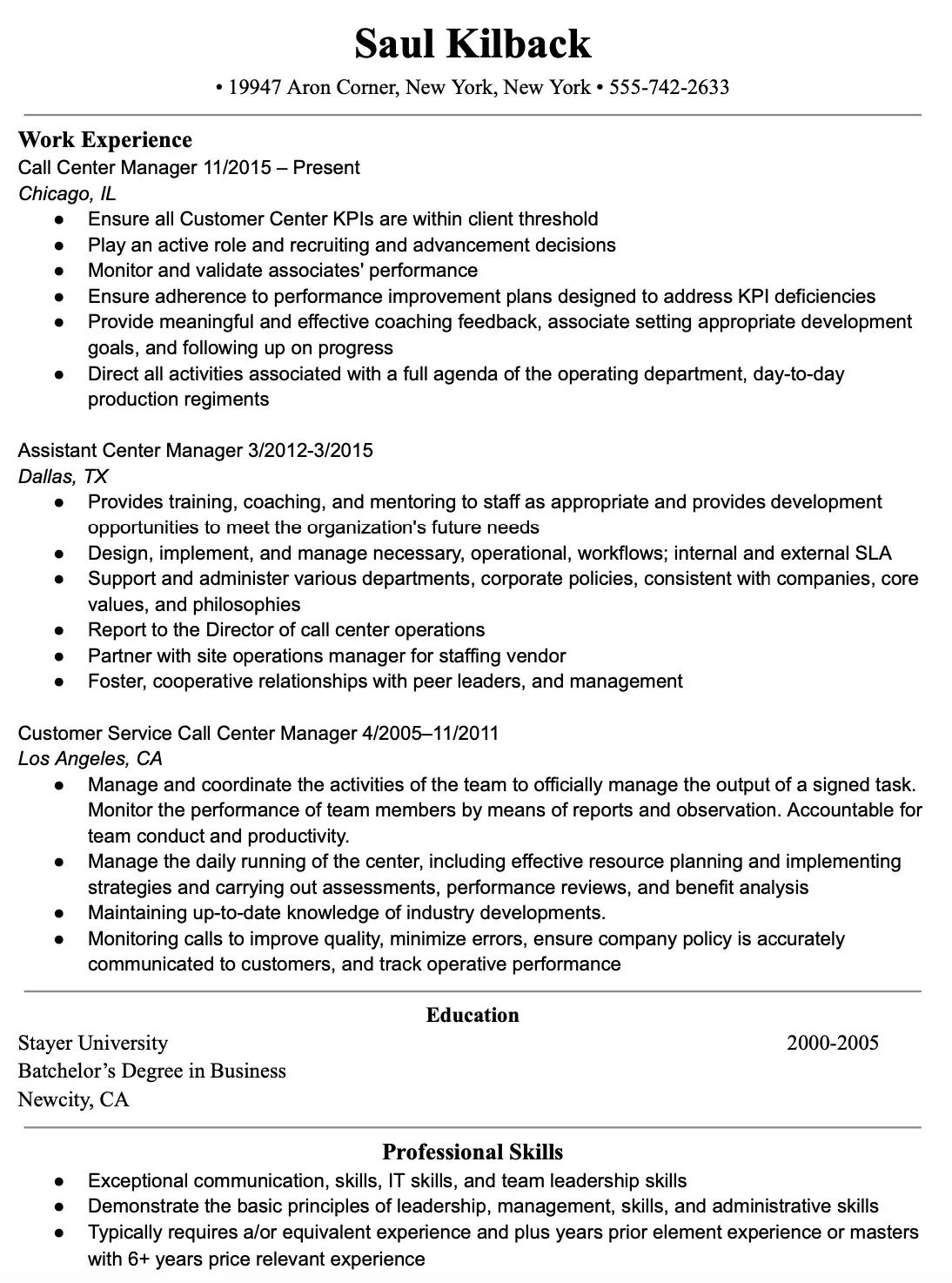 call center resume example and template