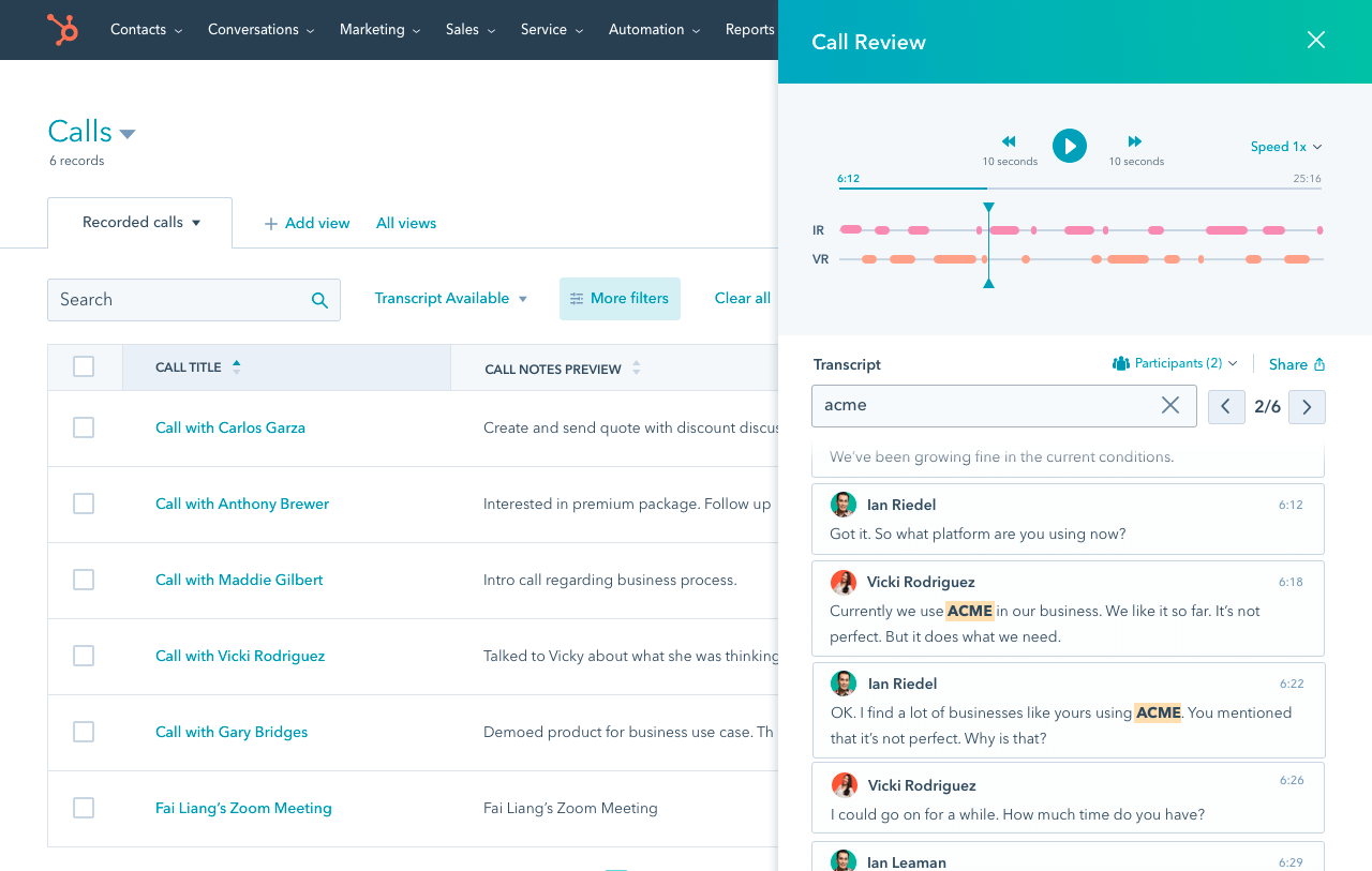 HubSpot UI showing call recordings automatically logged in the HubSpot Smart CRM