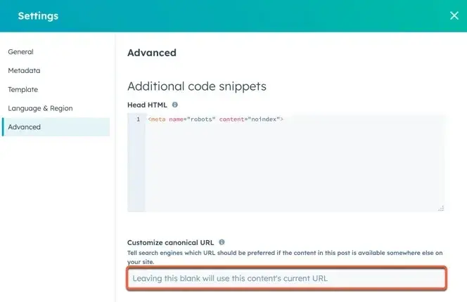 Screenshot showing the custom canonical URL field in HubSpot