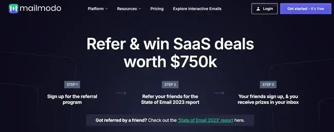 screenshot of mailmodo website with headline referral slogans