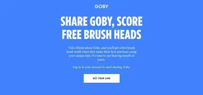 share goby score free brush heads referral page with a get your link button, referral slogans