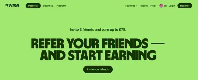 green webpage promoting wise’s referral program with the bold referral slogan