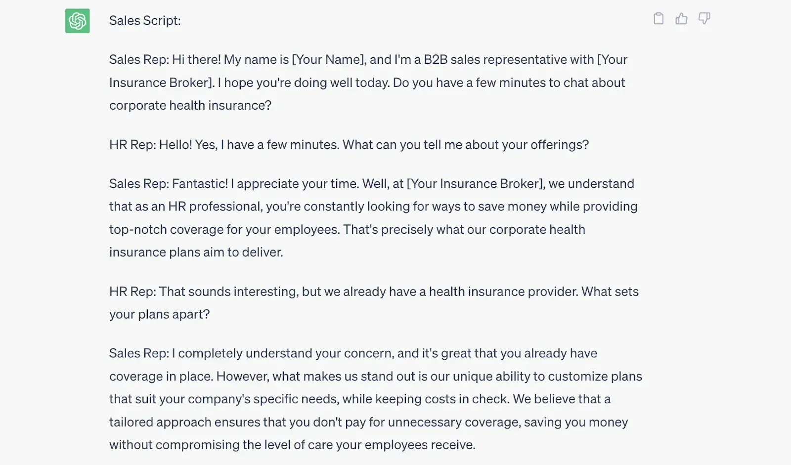 screenshot of how i asked chatgpt to write me a phone script for a sales team to use