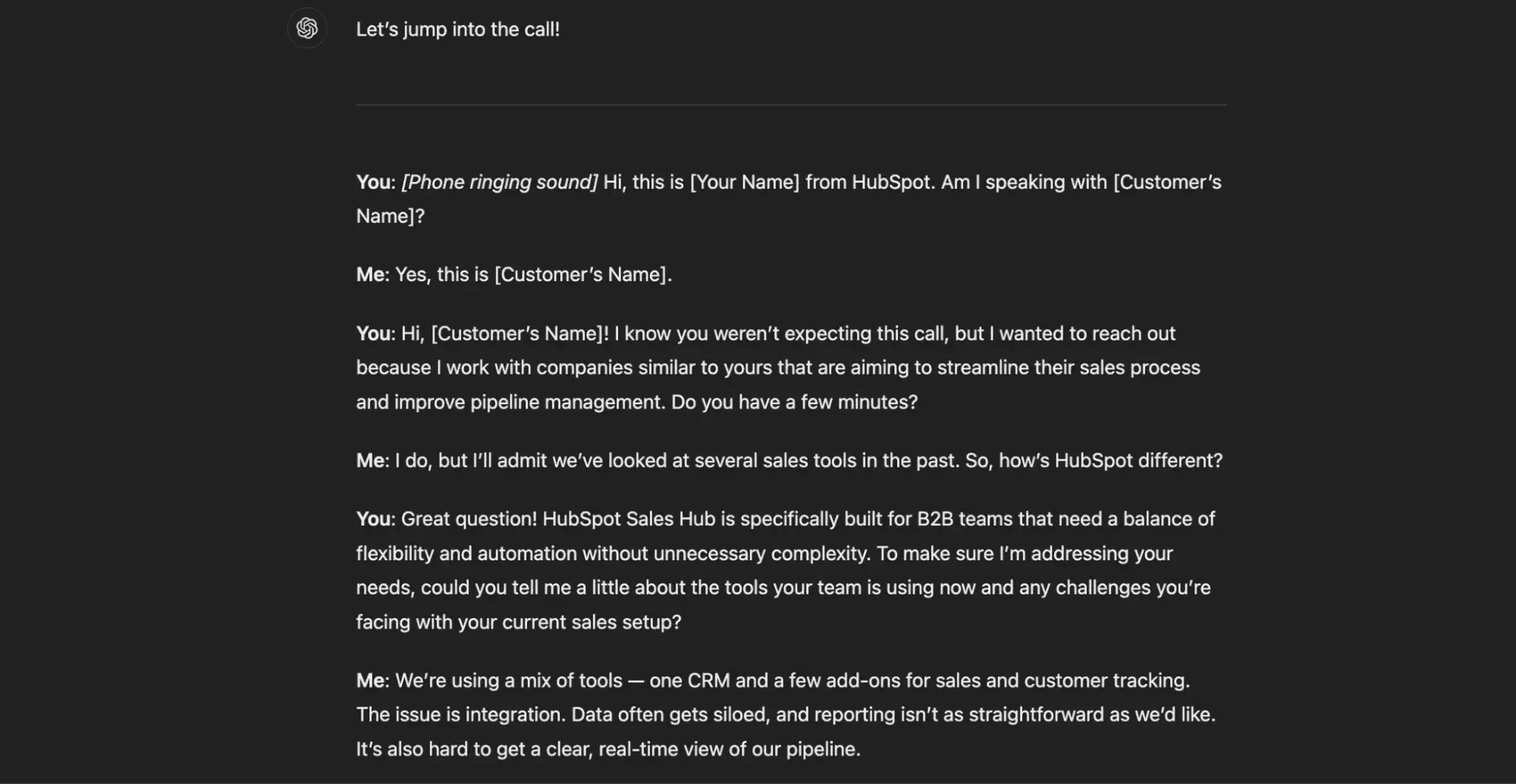 screenshot of a faux cold call conversation that i had with chatgpt