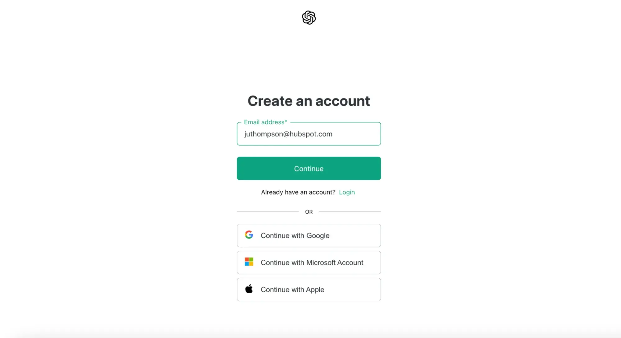 screenshot of the chatgpt create an account screen