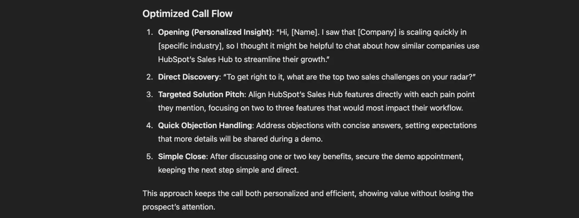 screenshot of summarized notes that chatgpt gave me after i requested feedback about my cold call conversation