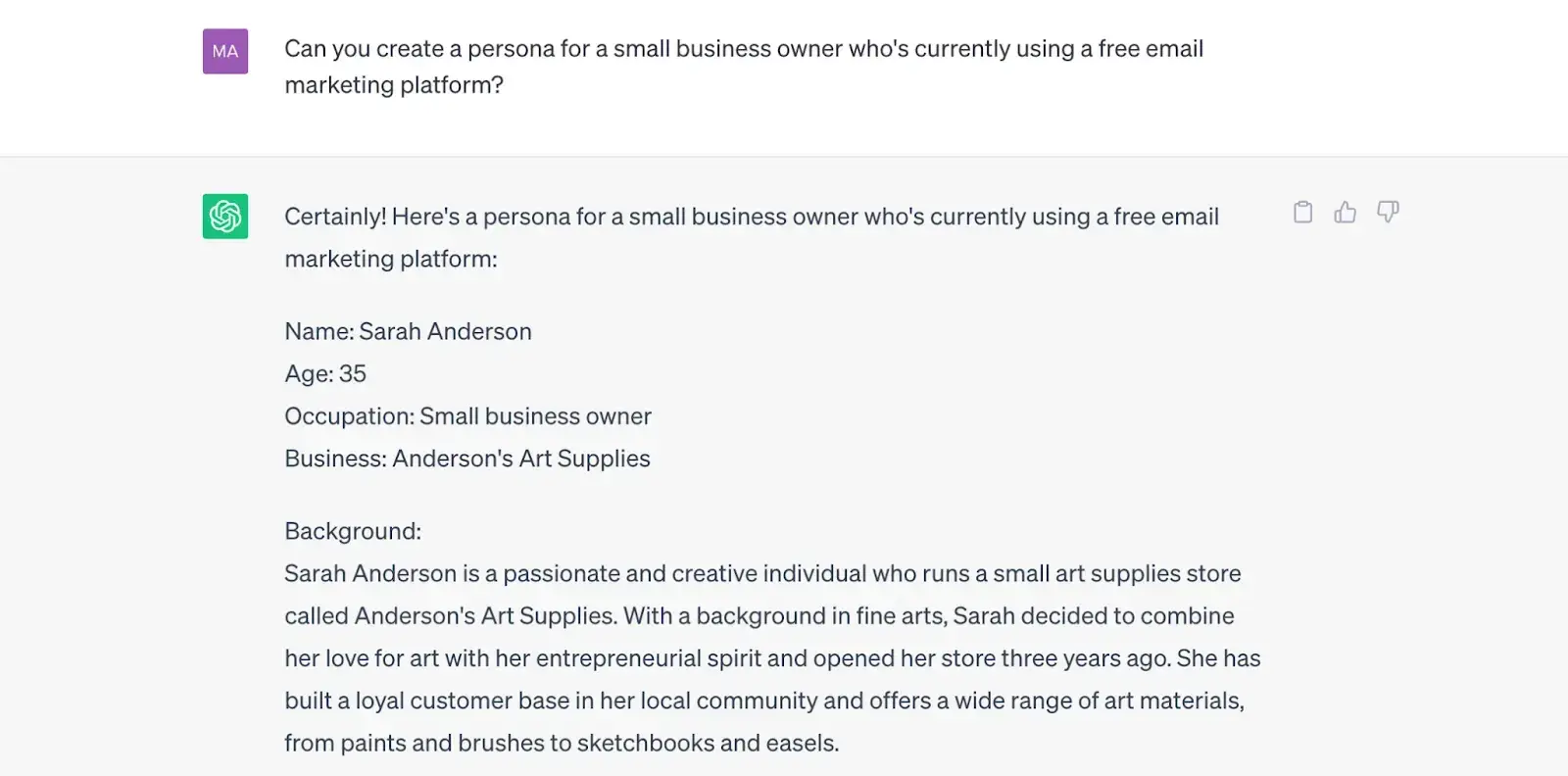 screenshot of how i asked chatgpt to create a persona based on a small business owner