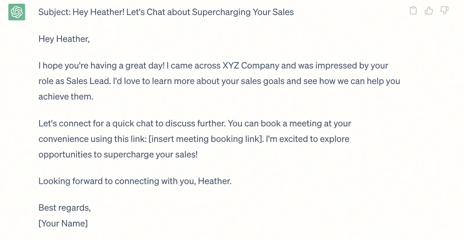  screenshot of what chatgpt shared in response to my casual sales pitch cold email prompt